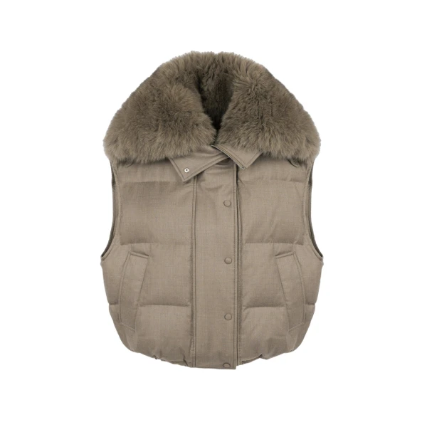 Yves Salomon Flannel Gilet with Fox Fur Collar in Beige | Women | Luxury Shoes 