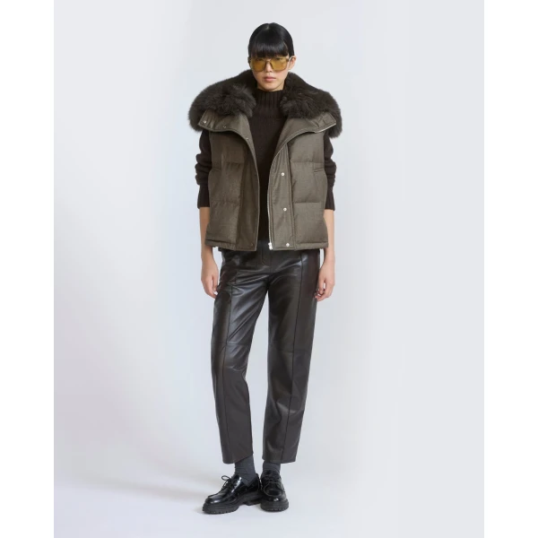 Yves Salomon Flannel Gilet with Fox Fur Collar in Brown | Vests | Luxury Shoes 