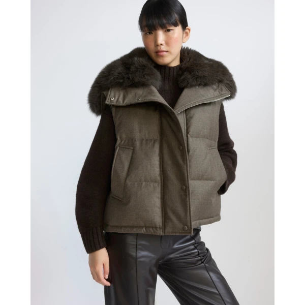 Yves Salomon Flannel Gilet with Fox Fur Collar in Brown | Vests | Luxury Shoes 