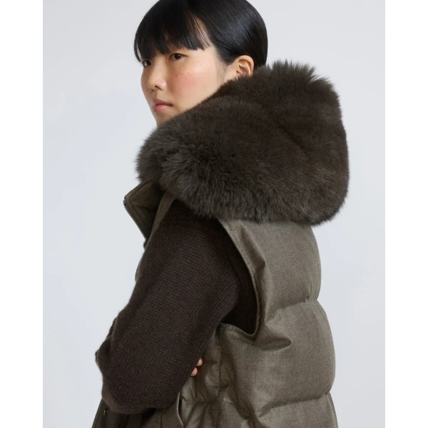 Yves Salomon Flannel Gilet with Fox Fur Collar in Brown | Vests | Luxury Shoes 
