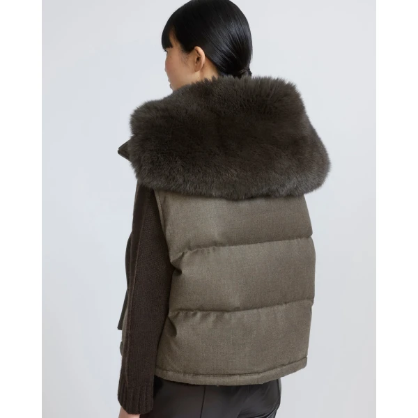 Yves Salomon Flannel Gilet with Fox Fur Collar in Brown | Vests | Luxury Shoes 