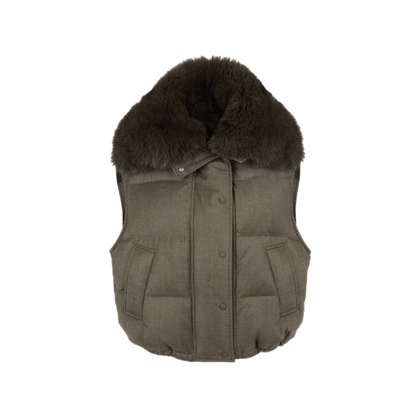 Yves Salomon Flannel Gilet with Fox Fur Collar in Brown | Vests | Luxury Shoes 