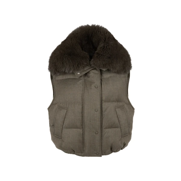 Flannel Gilet with Fox Fur Collar in Brown