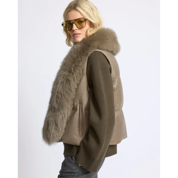 Yves Salomon Flannel Sleeveless Gilet with Detachable Fox Fur Collar in Beige | Vests | Luxury Shoes 