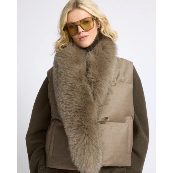 Yves Salomon Flannel Sleeveless Gilet with Detachable Fox Fur Collar in Beige | Vests | Luxury Shoes 