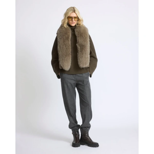 Yves Salomon Flannel Sleeveless Gilet with Detachable Fox Fur Collar in Beige | Vests | Luxury Shoes 