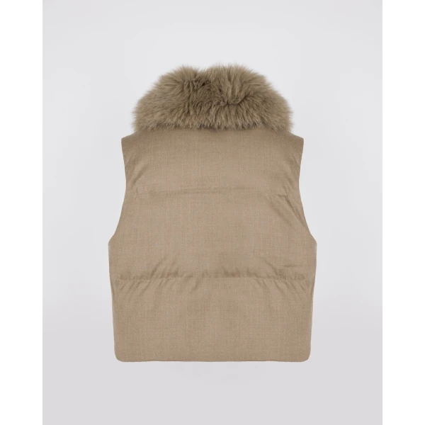 Yves Salomon Flannel Sleeveless Gilet with Detachable Fox Fur Collar in Beige | Vests | Luxury Shoes 