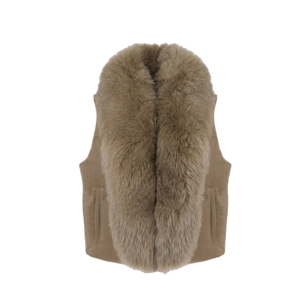 Yves Salomon Flannel Sleeveless Gilet with Detachable Fox Fur Collar in Beige | Vests | Luxury Shoes 