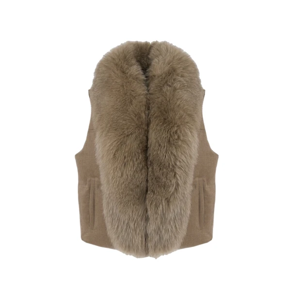 Flannel Sleeveless Gilet with Detachable Fox Fur Collar in Beige