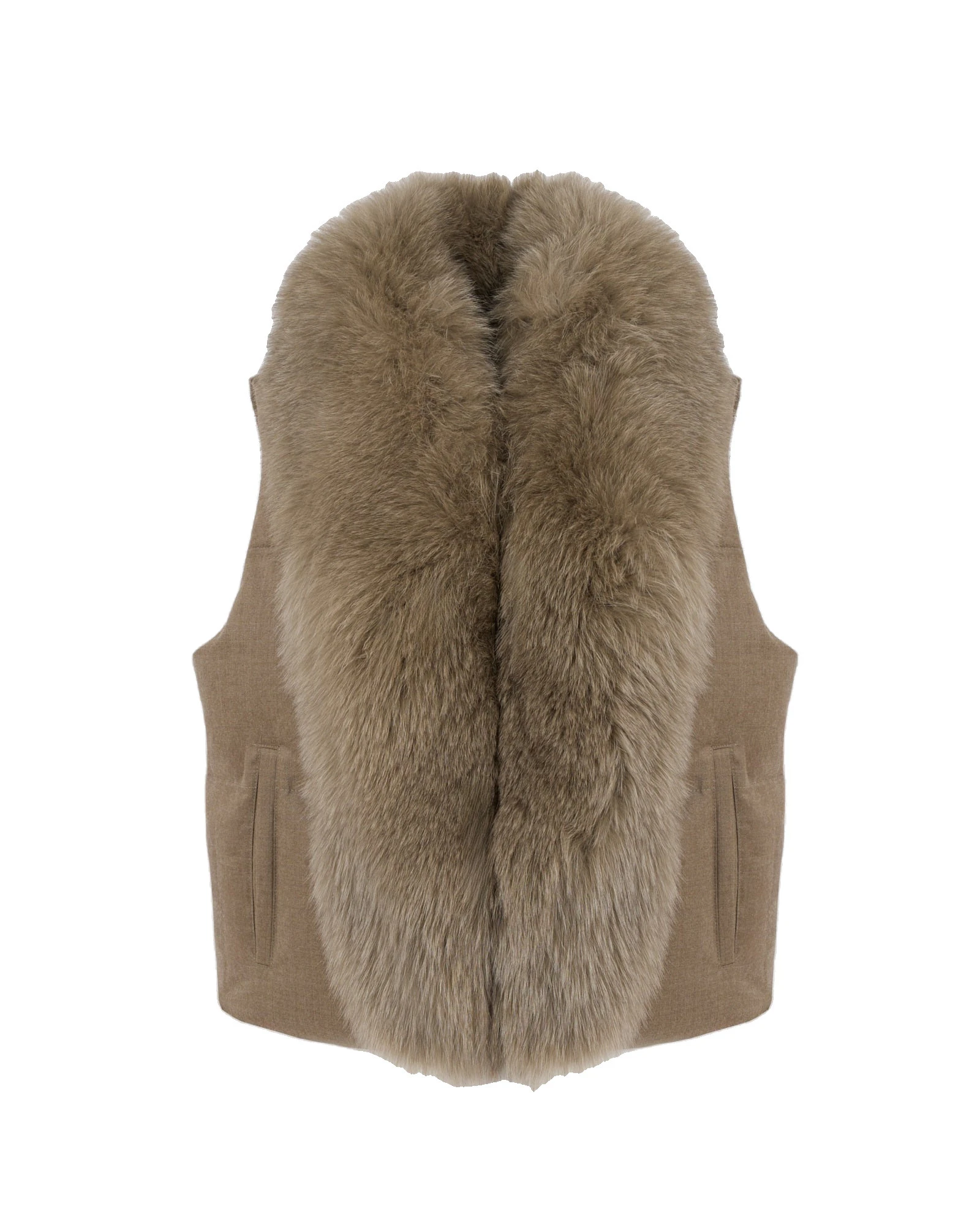 Yves Salomon Flannel Sleeveless Gilet with Detachable Fox Fur Collar in Beige Yves Salomon Flannel Sleeveless Gilet with Detachable Fox Fur Collar in Beige | Vests | Luxury Shoes