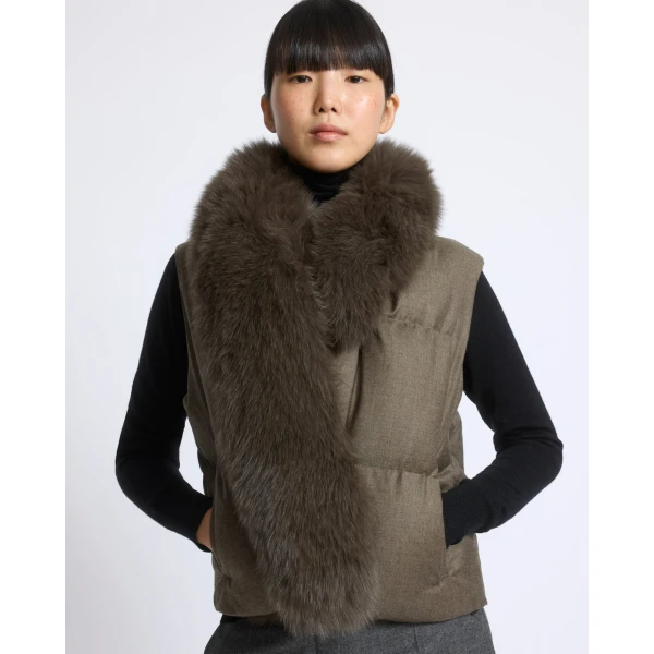 Yves Salomon Flannel Sleeveless Gilet with Detachable Fox Fur Collar in Brown | Vests | Luxury Shoes 