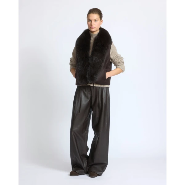 Yves Salomon Flannel Sleeveless Gilet with Detachable Fox Fur Collar in Brown | Vests | Luxury Shoes 