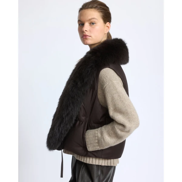 Yves Salomon Flannel Sleeveless Gilet with Detachable Fox Fur Collar in Brown | Vests | Luxury Shoes 