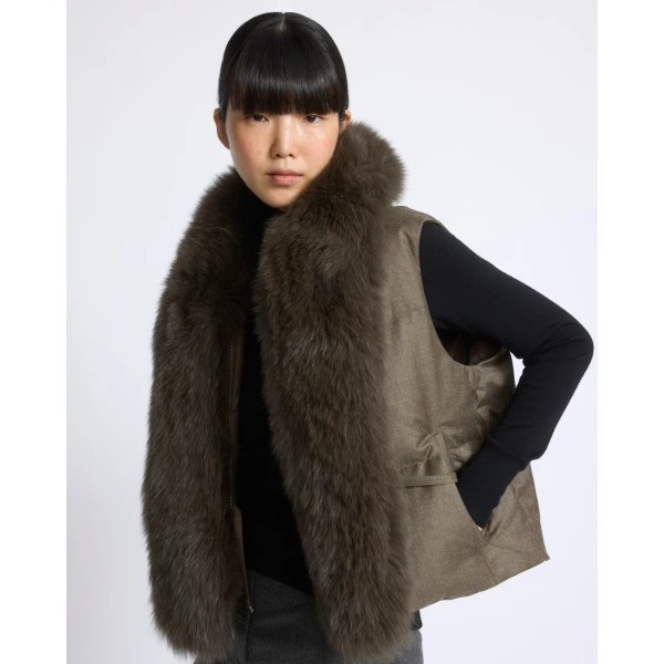 Yves Salomon Flannel Sleeveless Gilet with Detachable Fox Fur Collar in Brown | Vests | Luxury Shoes 