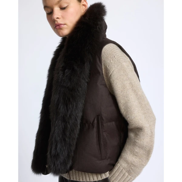 Yves Salomon Flannel Sleeveless Gilet with Detachable Fox Fur Collar in Brown | Vests | Luxury Shoes 