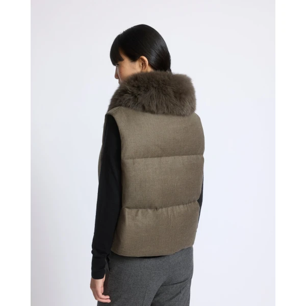 Yves Salomon Flannel Sleeveless Gilet with Detachable Fox Fur Collar in Brown | Vests | Luxury Shoes 