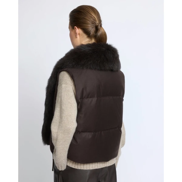 Yves Salomon Flannel Sleeveless Gilet with Detachable Fox Fur Collar in Brown | Vests | Luxury Shoes 