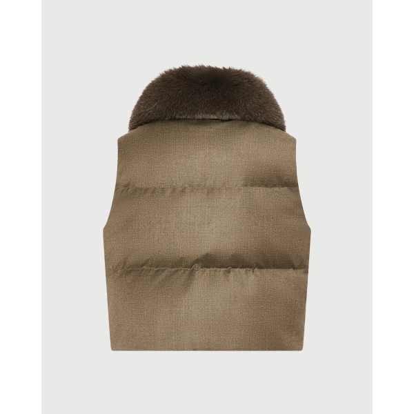 Yves Salomon Flannel Sleeveless Gilet with Detachable Fox Fur Collar in Brown | Vests | Luxury Shoes 