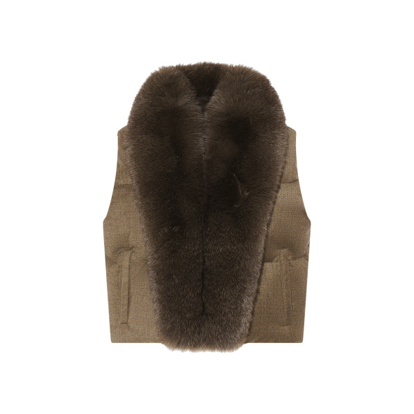Yves Salomon Flannel Sleeveless Gilet with Detachable Fox Fur Collar in Brown | Vests | Luxury Shoes 