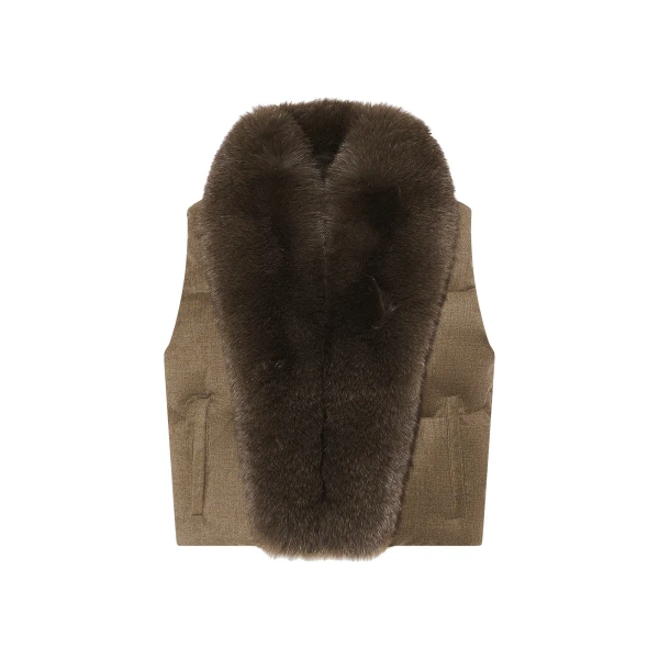 Flannel Sleeveless Gilet with Detachable Fox Fur Collar in Brown