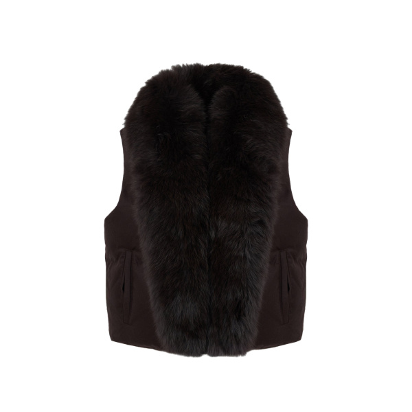 Yves Salomon Flannel Sleeveless Gilet with Detachable Fox Fur Collar in Brown | Vests | Luxury Shoes 