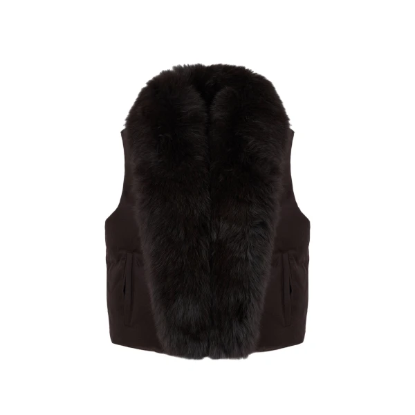 Yves Salomon Flannel Sleeveless Gilet with Detachable Fox Fur Collar in Brown | Vests | Luxury Shoes 