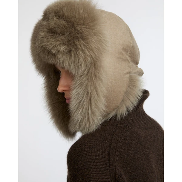 Yves Salomon Flannel and Fox Fur Ushanka in Beige | Hats | Luxury Shoes 