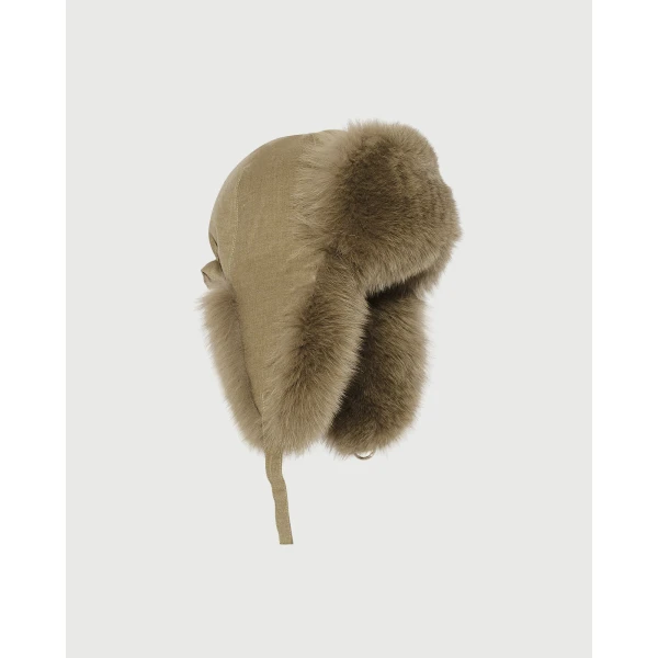 Yves Salomon Flannel and Fox Fur Ushanka in Beige | Hats | Luxury Shoes 