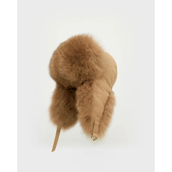 Yves Salomon Flannel and Fox Fur Ushanka in Camel | Hats | Luxury Shoes 
