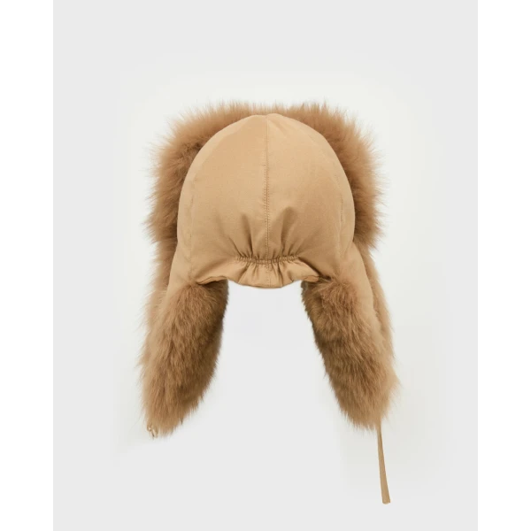 Yves Salomon Flannel and Fox Fur Ushanka in Camel | Hats | Luxury Shoes 