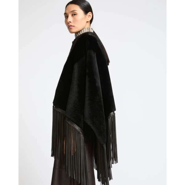 Yves Salomon Fringed Lambskin Shearling Cape in Brown | Shearling Coat | Luxury Shoes 