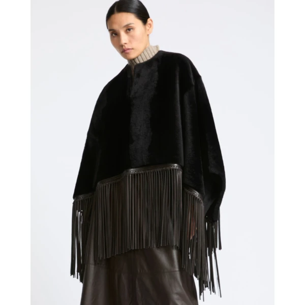 Yves Salomon Fringed Lambskin Shearling Cape in Brown | Shearling Coat | Luxury Shoes 