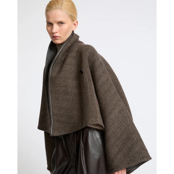 Yves Salomon Herringbone Double-Sided Wool Cape in Taupe | Wool Coat | Luxury Shoes 