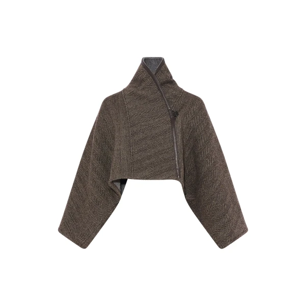 Herringbone Double-Sided Wool Cape in Taupe