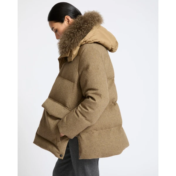 Yves Salomon Hooded Cashmere Down Jacket with Long Curly Lambskin Trim in Green | Coats | Luxury Shoes 