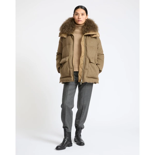 Yves Salomon Hooded Cashmere Down Jacket with Long Curly Lambskin Trim in Green | Coats | Luxury Shoes 