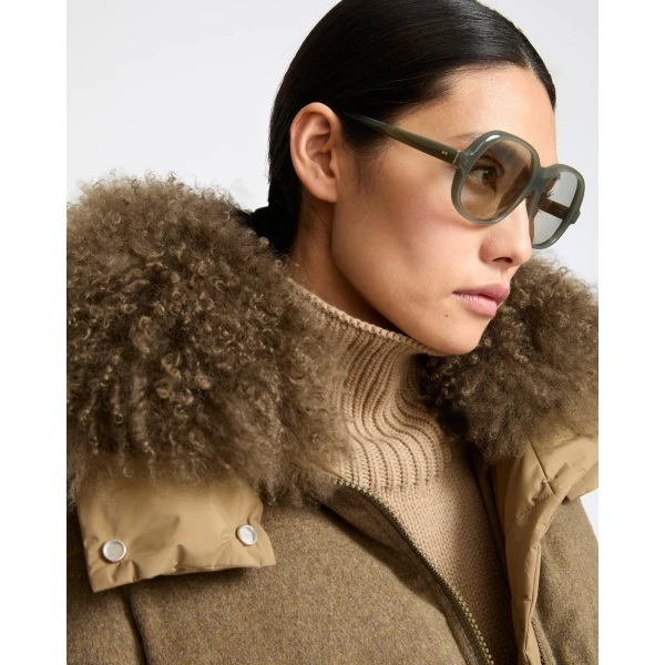 Yves Salomon Hooded Cashmere Down Jacket with Long Curly Lambskin Trim in Green | Coats | Luxury Shoes 