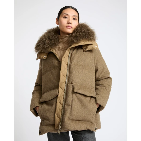Yves Salomon Hooded Cashmere Down Jacket with Long Curly Lambskin Trim in Green | Coats | Luxury Shoes 