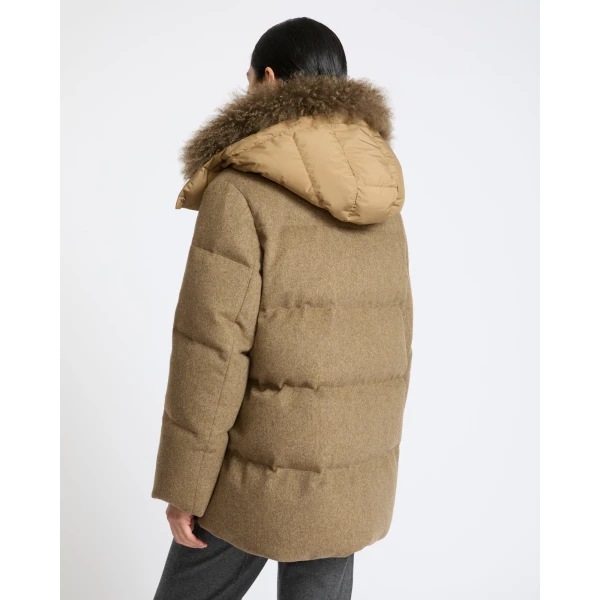 Yves Salomon Hooded Cashmere Down Jacket with Long Curly Lambskin Trim in Green | Coats | Luxury Shoes 