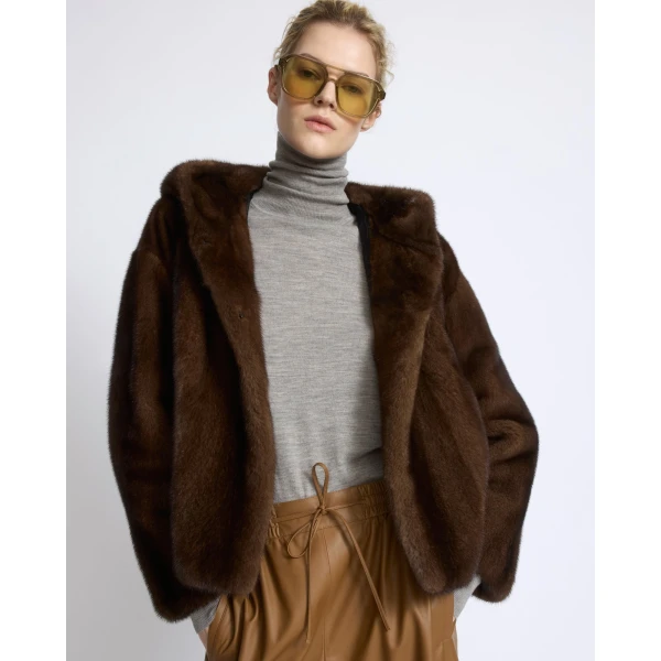 Yves Salomon Hooded Jacket in Long-Haired Mink Fur in Brown | Mink Jacket | Luxury Shoes 