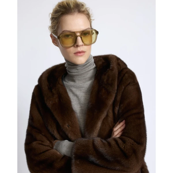 Yves Salomon Hooded Jacket in Long-Haired Mink Fur in Brown | Mink Jacket | Luxury Shoes 