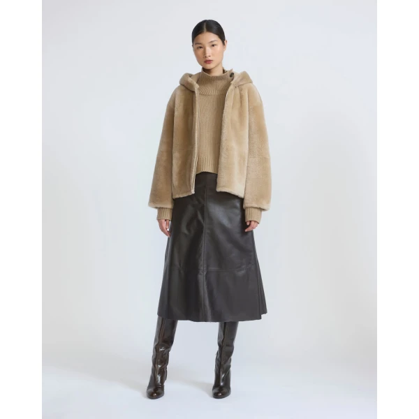 Yves Salomon Hooded Merino Lambskin Shearling Jacket in Beige | Shearling Jackets | Luxury Shoes 