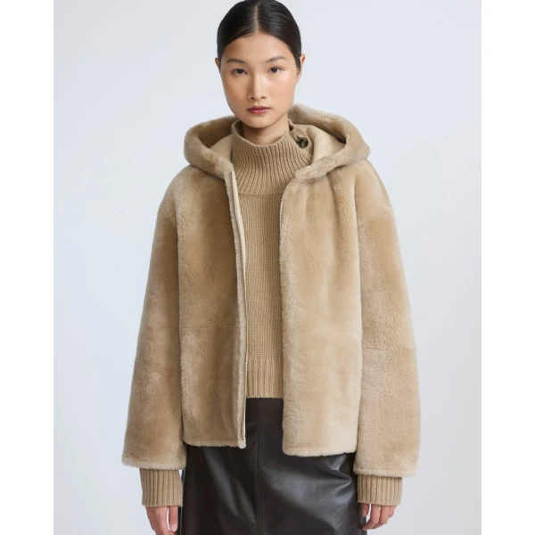 Yves Salomon Hooded Merino Lambskin Shearling Jacket in Beige | Shearling Jackets | Luxury Shoes 