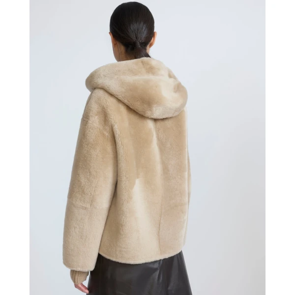 Yves Salomon Hooded Merino Lambskin Shearling Jacket in Beige | Shearling Jackets | Luxury Shoes 