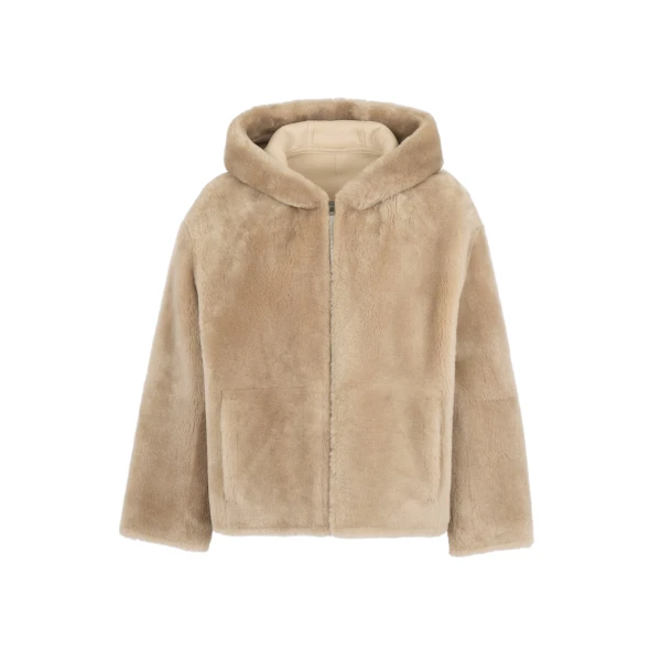 Hooded Merino Lambskin Shearling Jacket in Beige