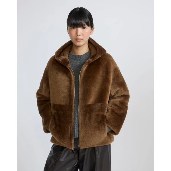 Yves Salomon Hooded Merino Lambskin Shearling Jacket in Brown | Shearling Jackets | Luxury Shoes 