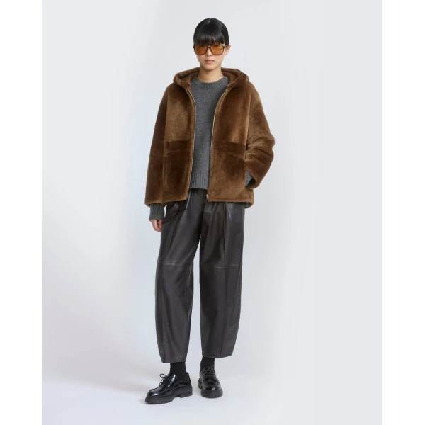 Yves Salomon Hooded Merino Lambskin Shearling Jacket in Brown | Shearling Jackets | Luxury Shoes 