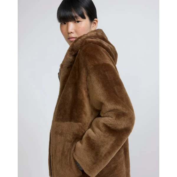 Yves Salomon Hooded Merino Lambskin Shearling Jacket in Brown | Shearling Jackets | Luxury Shoes 