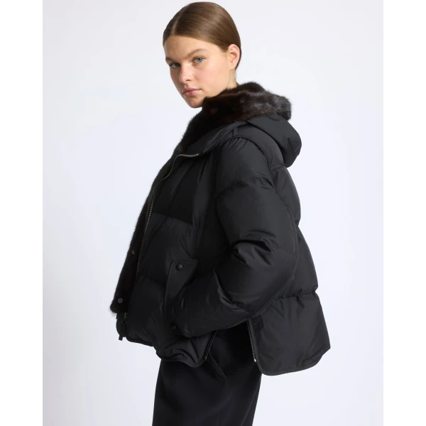 Yves Salomon Iconic A-Line Down Jacket with Mink Fur Hooded Bib in Black | Jackets | Luxury Shoes 