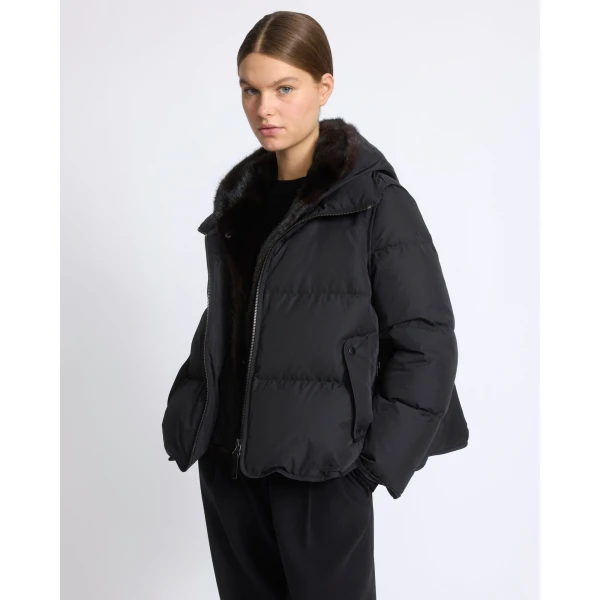 Yves Salomon Iconic A-Line Down Jacket with Mink Fur Hooded Bib in Black | Jackets | Luxury Shoes 